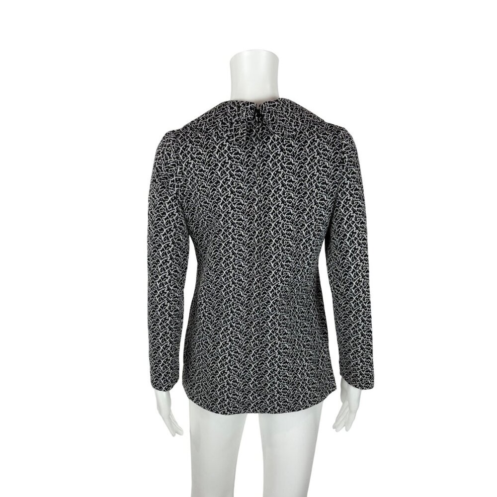 Vintage 70s Patterned Top Women's Small Black White Polyester Collared Shirt - Picture 8 of 10